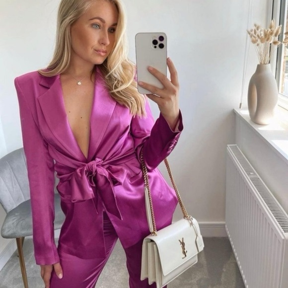 ZARA SATIN BLAZER WITH BUILT IN TIE SASH SIZE S PINK/ FUCHSIA FEMININE ROMANTIC - Picture 1 of 16